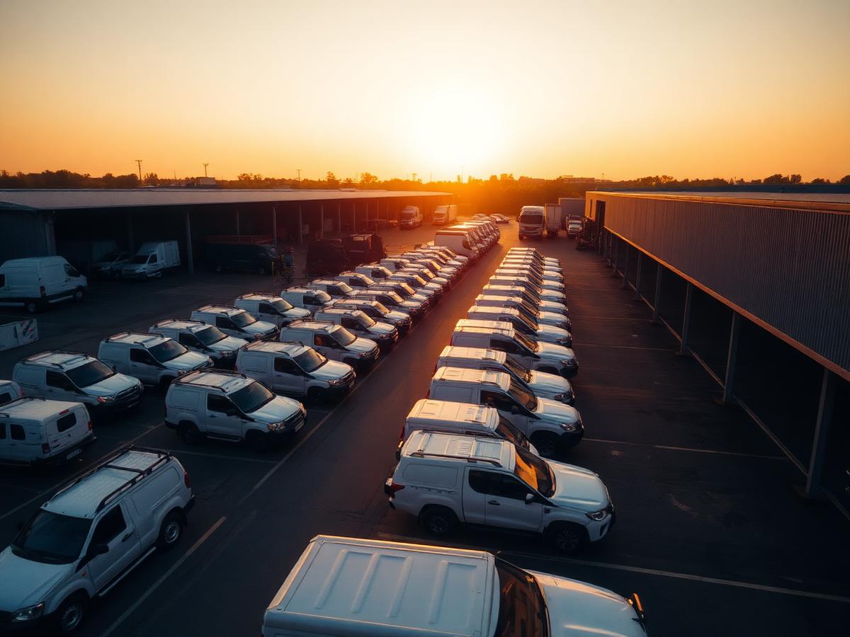Company fleet of vehicles lined up at a depot at sunset