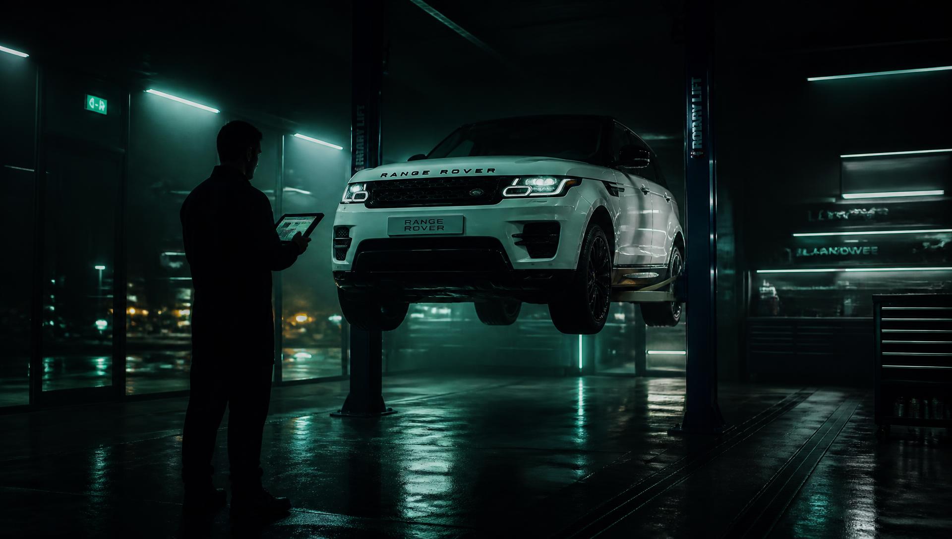 White Range Rover on a workshop lift while a technician runs a diagnostic scan